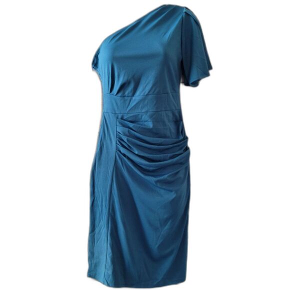 Ruched Blue Asymmetric One Shoulder Elegant Cocktail Dress Sz M - Picture 1 of 6